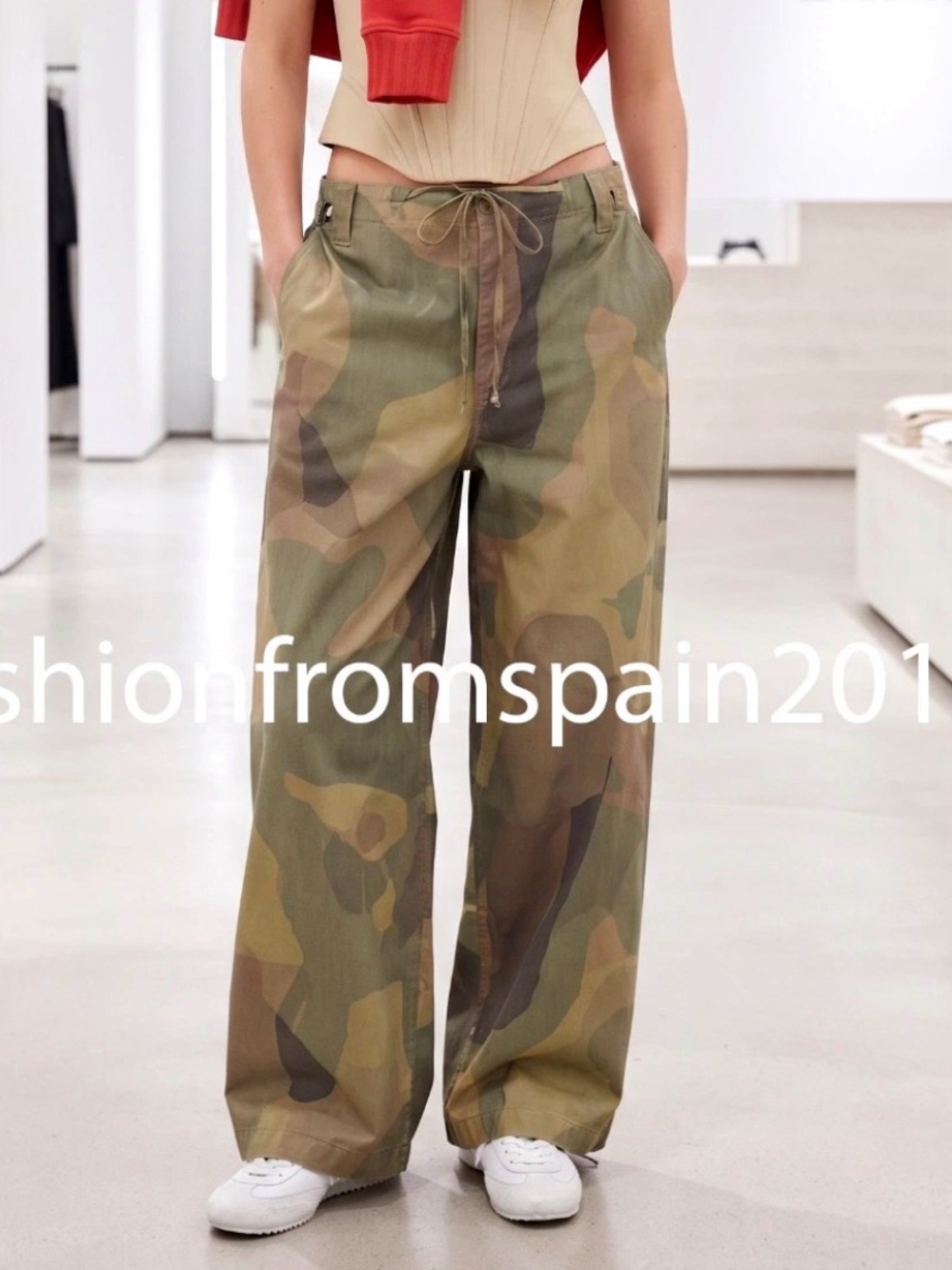 Zara Camo Drawstring Wide-Leg Pants